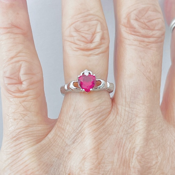 Sterling Silver Ruby CZ Heart Claddagh Ring, Silver Rings, July Birthstone, - Picture 9 of 12